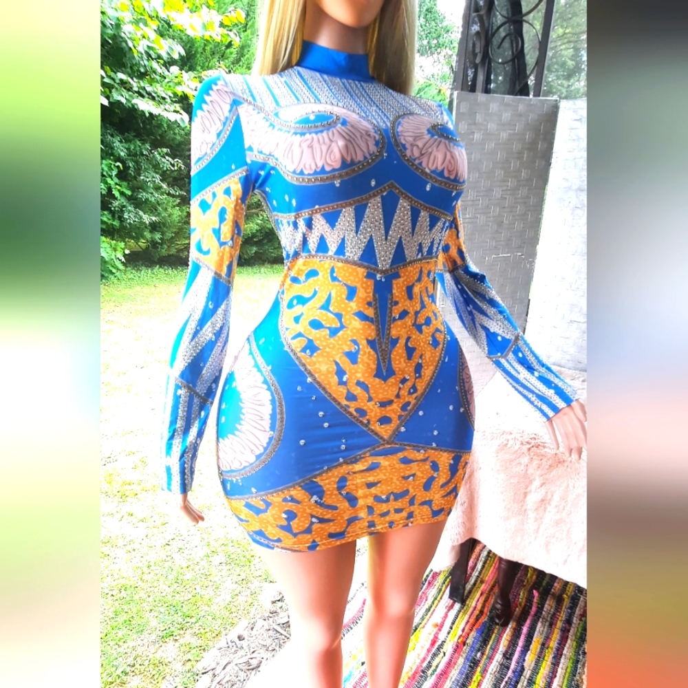 Rhinestone Mini dress blue gold pink